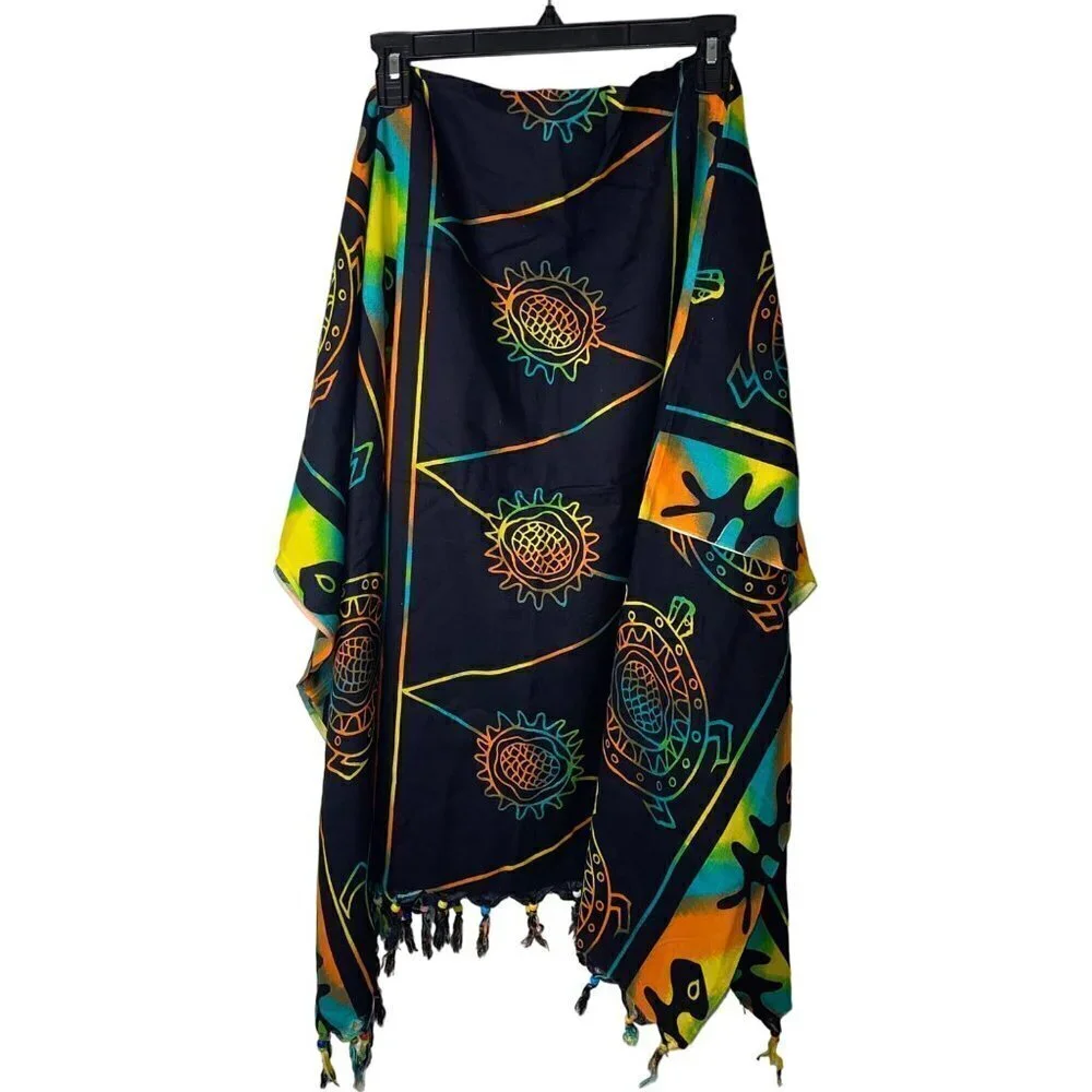 Vintage 90s Womens Scarf One Size Multicolor Wrap Swim Cover Up Beaded Fringe